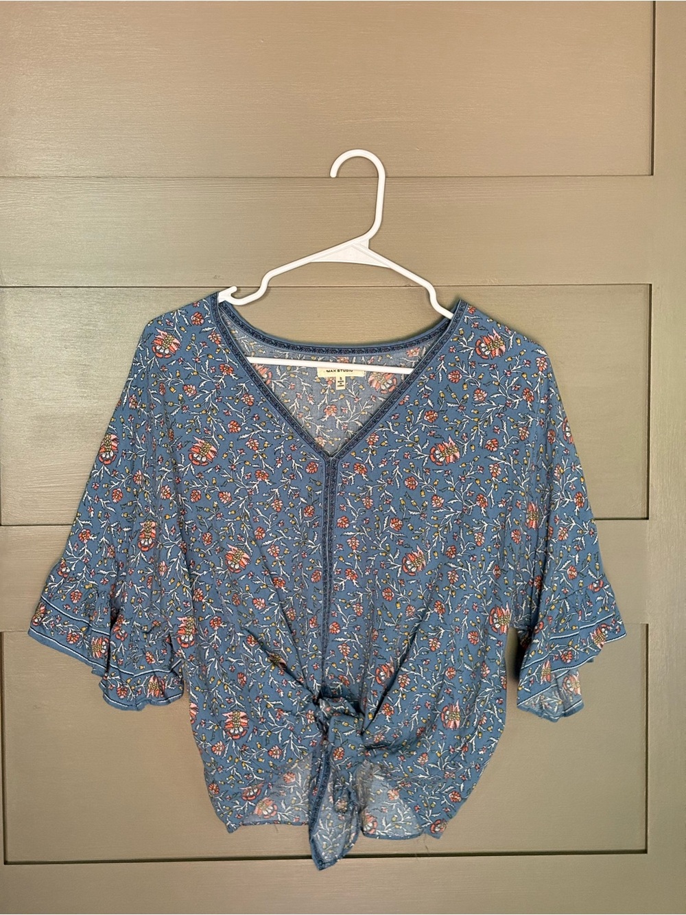 Max Studio Blue Floral Tie-Front Blouse